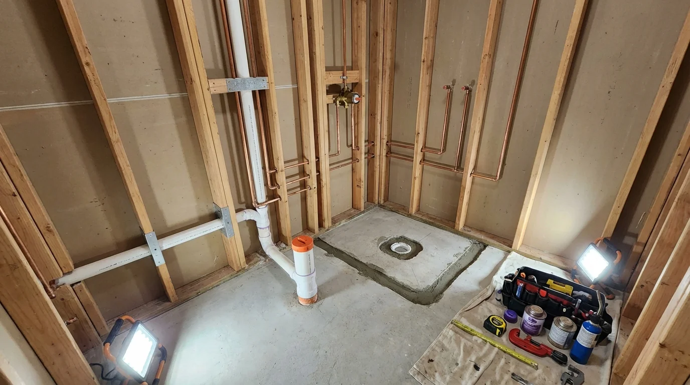 Bathroom rough-in plumbing during remodel by Johns Plumbing LLC in Georgiana