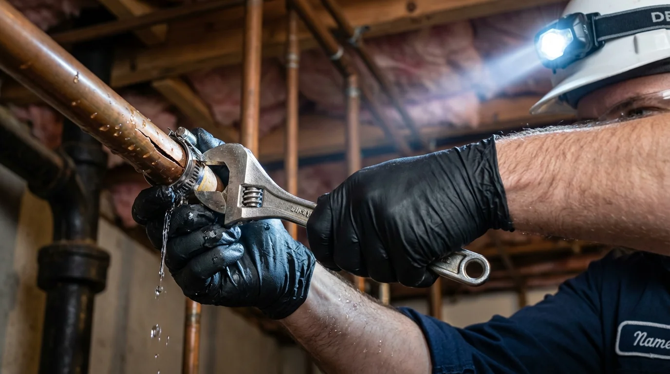 Emergency pipe clamp repair being performed by a Johns Plumbing LLC plumber in Georgiana