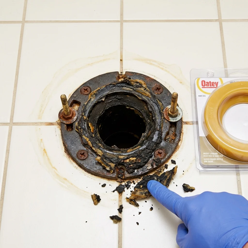 Failed wax ring showing water seepage at the base of a toilet in a Georgiana, AL home
