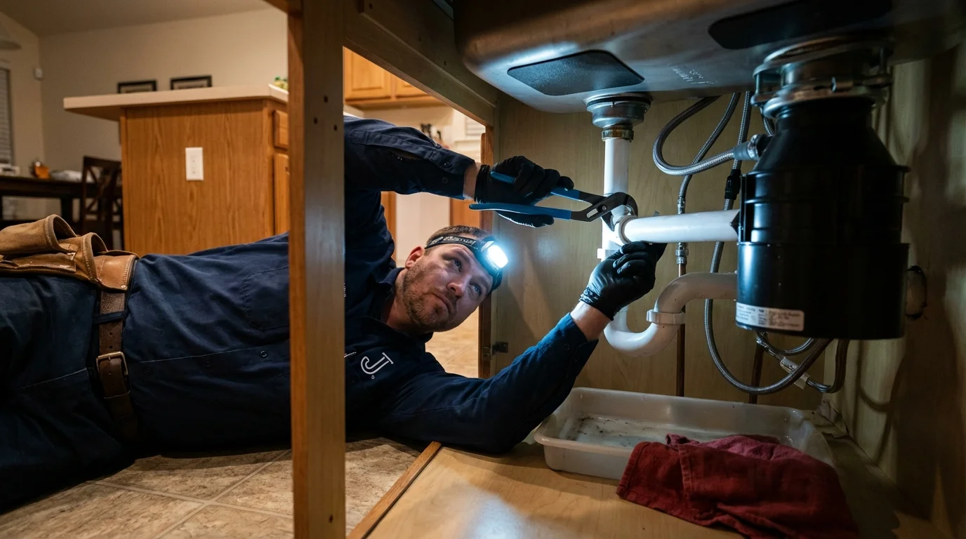 P-trap and supply line connections under a kitchen sink showing a common leak point in Georgiana, AL